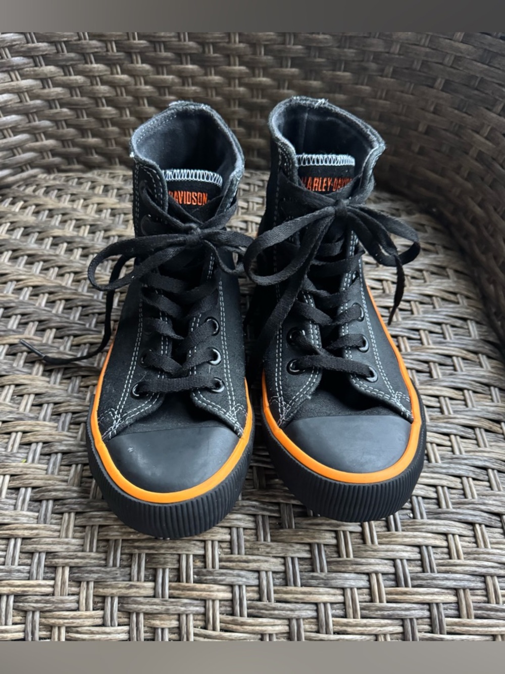 Harley Davidson Kids High-Top Sneaker Black Canvas/Leather Trim Orange Accents 4